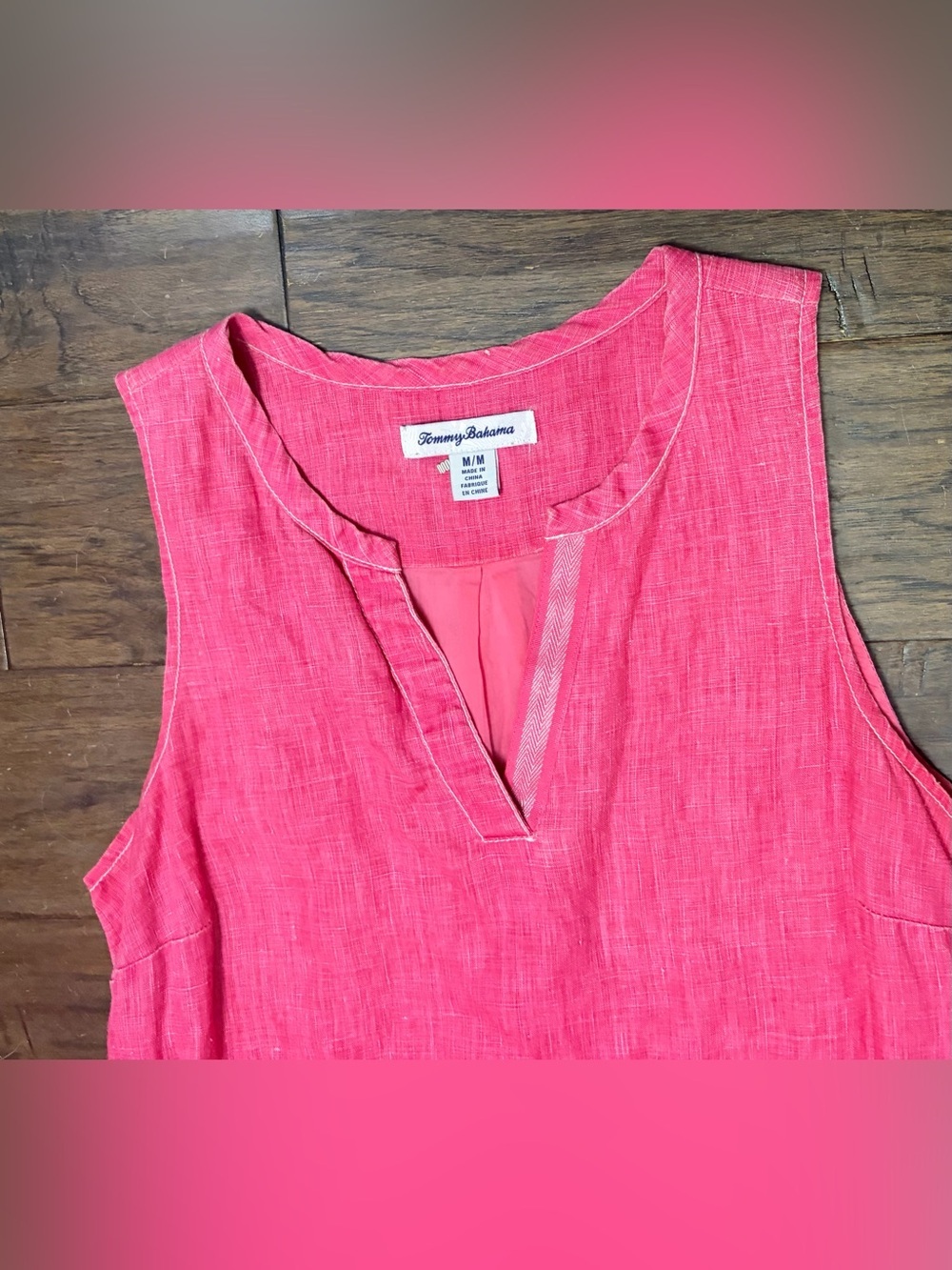 Tommy Bahama Pink 100% Linen Sleeveless V-Neck Shift Dress M Lined - Picture 4 of 11